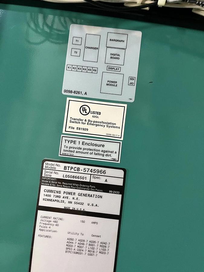 150A 480V Cummins BTPCB Spec. A Automatic Transfer Switch - S/N: L050866501
