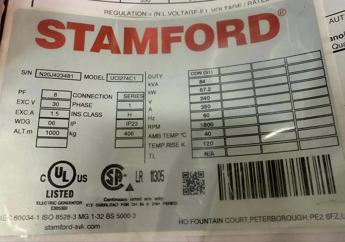 Used New 67.2kW Stamford UCI274C1 Alternator 240V 1PH | S/N: N20J423481
