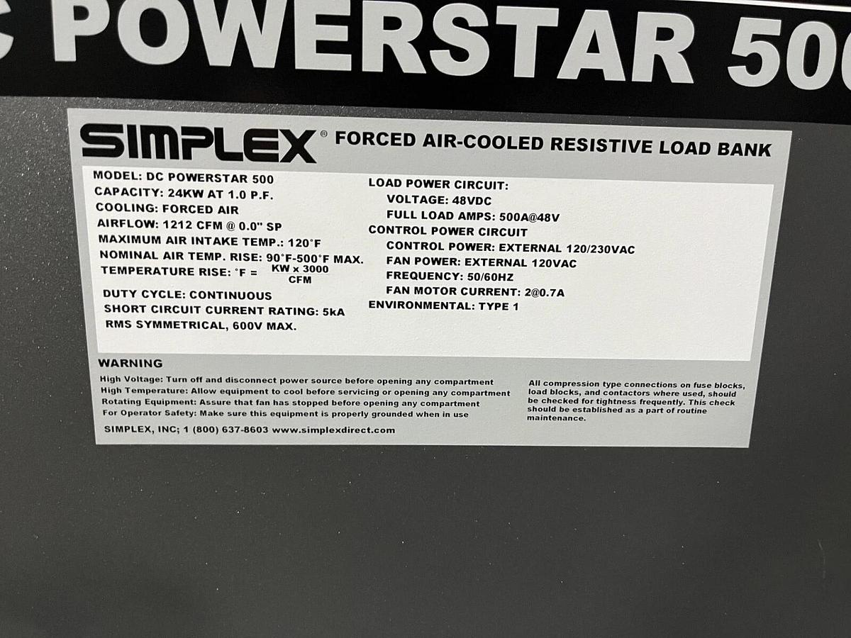Used Simplex 500 Amp 48V DC Powerstar500 24kW Forced Air-Cooled Resistive Load Bank