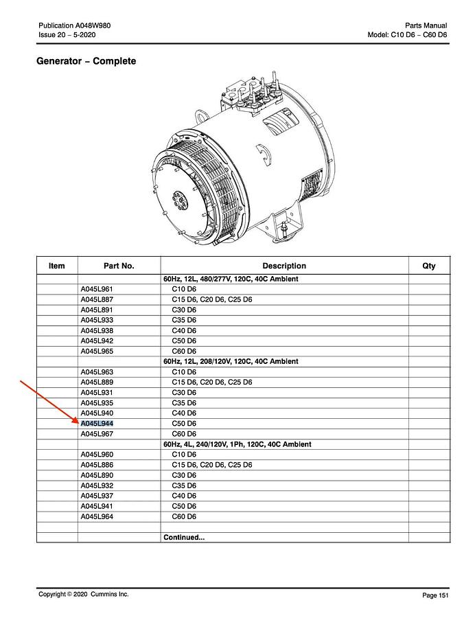 Used New 50kW Stamford Alternator CA125-J14 208V 3PH | P/N: A045L944 C40D6 C50D6