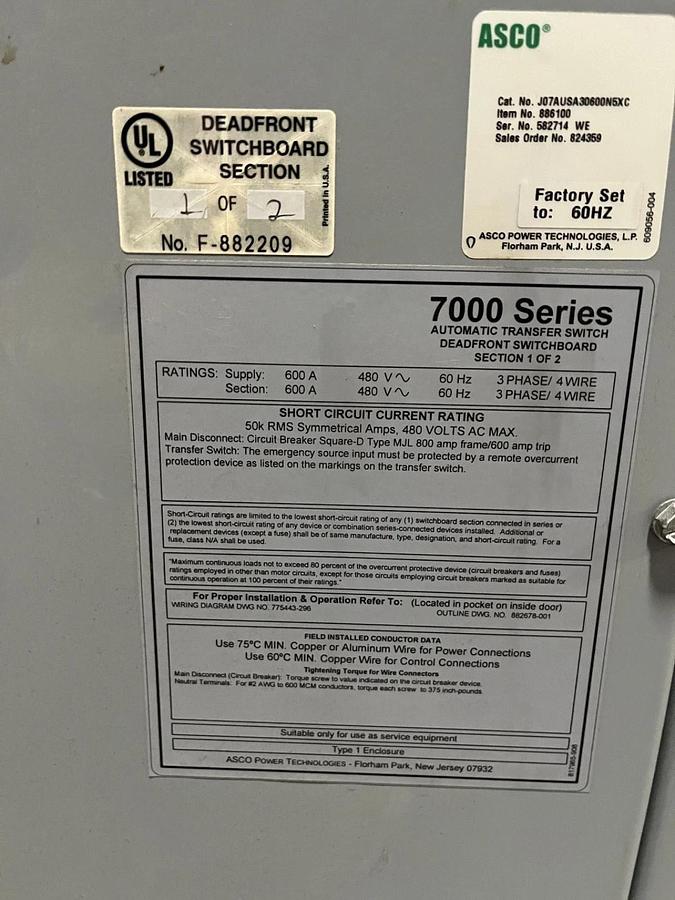 Used New 600 Amp 480V ASCO J07AUSA30600N5XC Automatic Transfer Switch - S/N: 582714WE