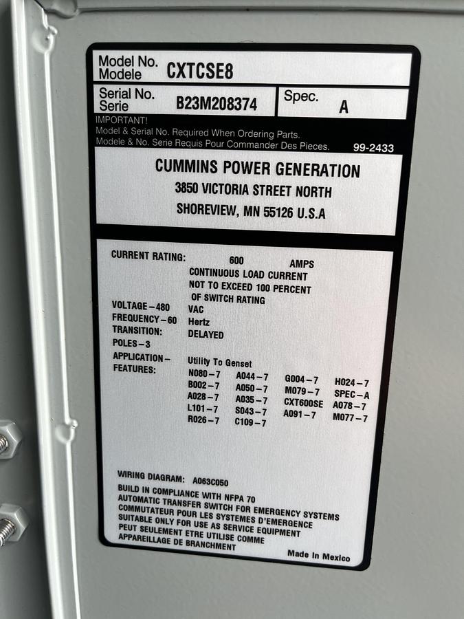 New 600 Amp 480VAC Cummins CXTCSE8 Spec. A Automatic Transfer Switch - S/N: B23M208374