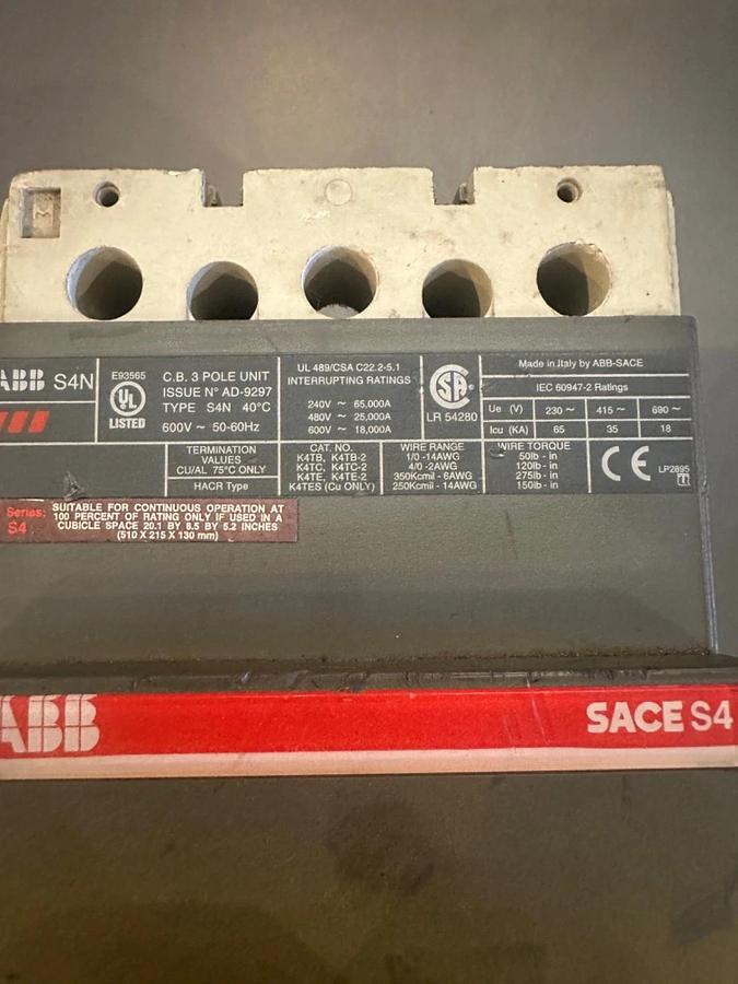 Used ABB SACE S4N 250 Amp Circuit Breaker - AL91264036