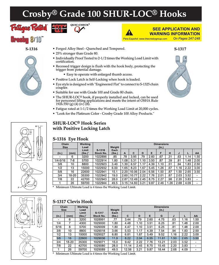 New 5/8" Crosby A-1317 Shur-Loc Clevis Hook  | 22,600 Lbs. WLL 1029036 Grade 100