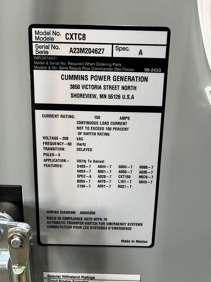 New 150A 208VAC Cummins CXTC8 Spec. A Automatic Transfer Switch - S/N: A23M204627