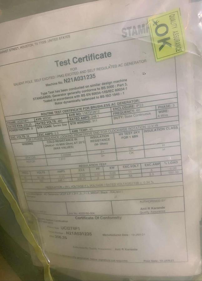 Used New 165kW Stamford UCI274F1 Alternator 480V or 208V 3PH | Winding 311