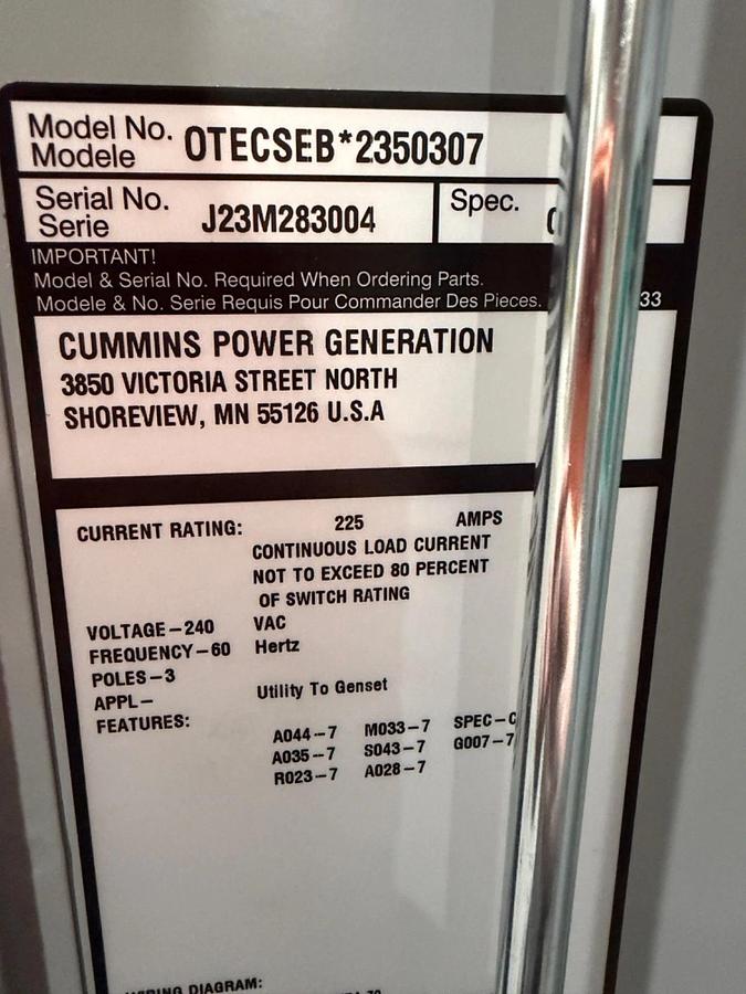225 Amp 240V Cummins OTECSEB Automatic Transfer Switch - J23M283004