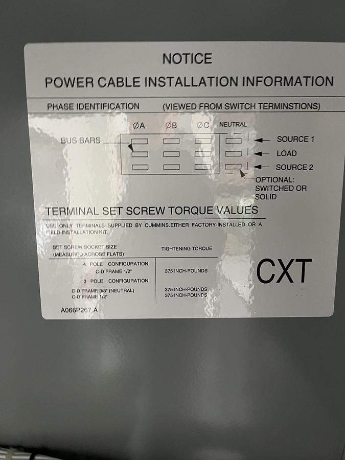 New 225A 480VAC Cummins CXTC8 Spec. A Automatic Transfer Switch - S/N: E22M088856