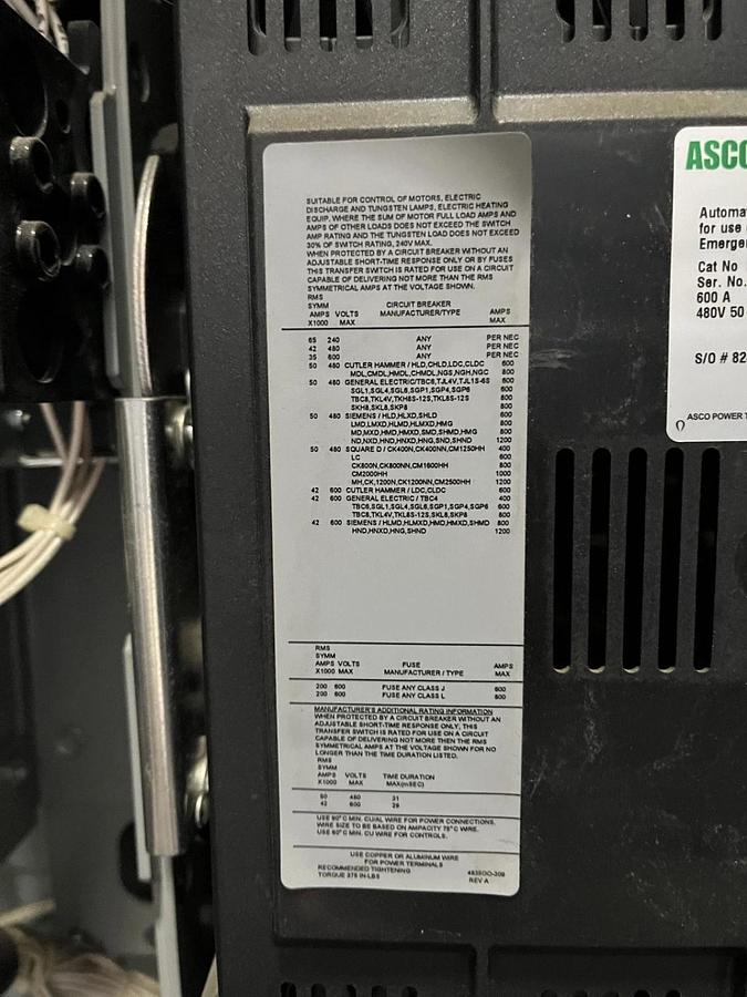 Used New 600 Amp 480V ASCO J07AUSA30600N5XC Automatic Transfer Switch - S/N: 582714WE