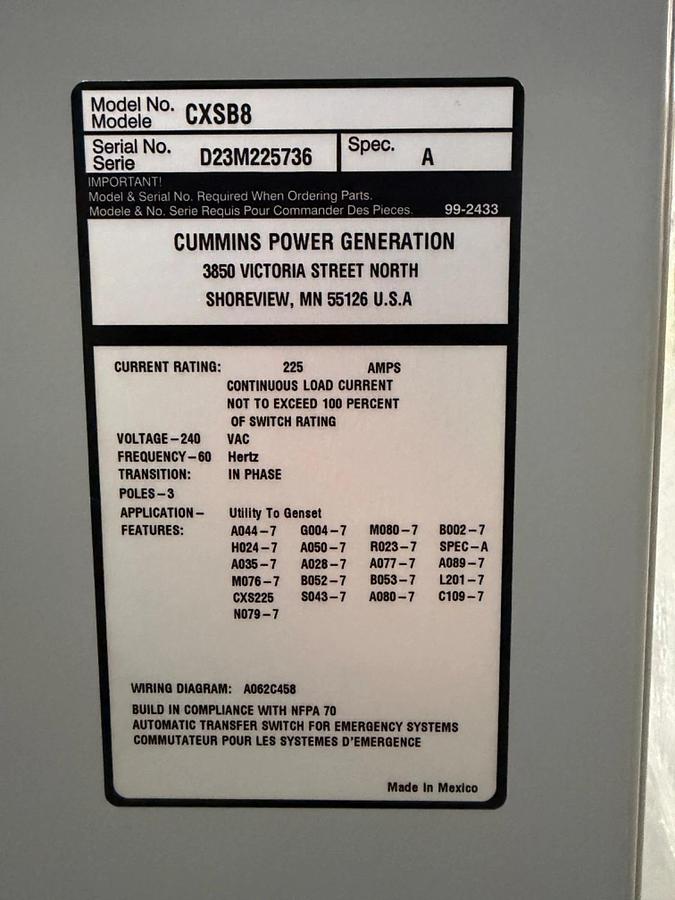 225A 240V Cummins CXSB8 Automatic Transfer Switch - D23M225736