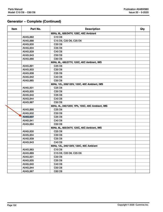 Used New 40kW Stamford Alternator CA125-G14 240V 1PH | P/N: A045L937 C35D6 C40D6