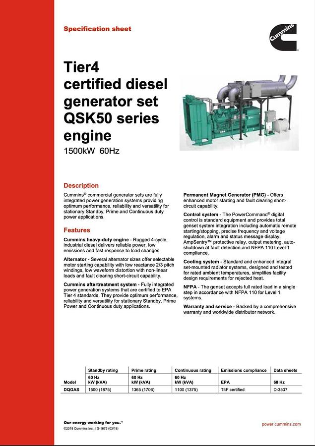 Used New 1500kW Cummins DQGAS - QSK50 (T4F) Stationary Diesel Generator Set