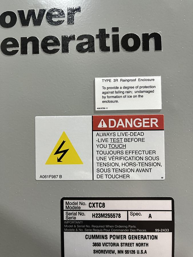 New 225 Amp 240VAC Cummins CXTC8 Spec. A Automatic Transfer Switch - S/N: H23M255578