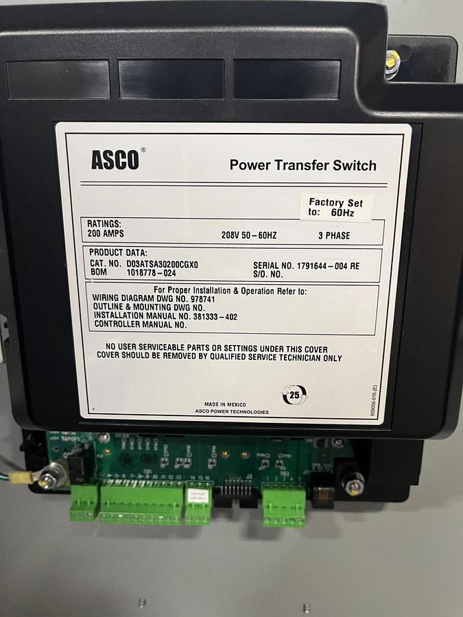 Used 200A 208V ASCO D03AUSA30200CGXM Automatic Transfer Switch - S/N: 1808631-004RE