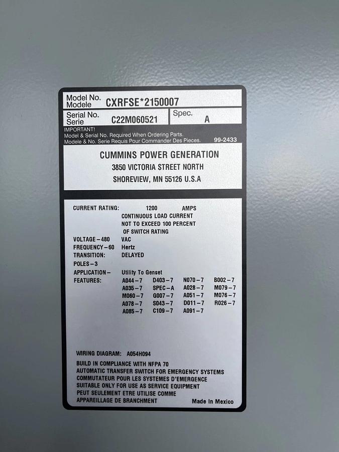 Used 1200 Amp Cummins CXRFSE Automatic Transfer Switch - S/N: C22M060521