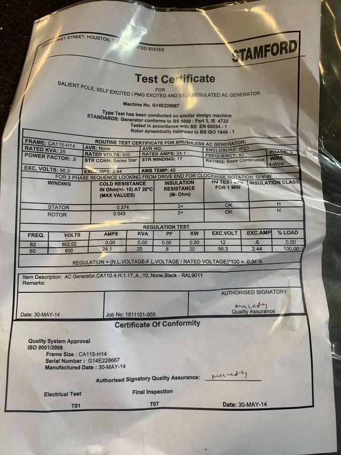 Used **600V Only** New Stamford 20kW CA115-H14 Alternator for C20-N6 - P/N: A045L884