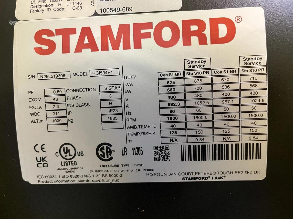 Used 660kW (825kVA) 480V Stamford HCI534F1 Alternator