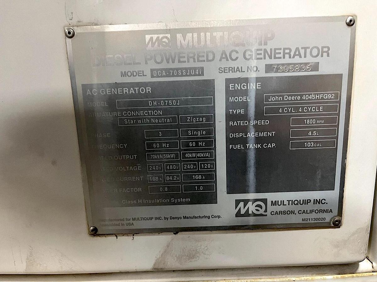 Used 70kVA Multiquip DCA-70SSJU4I Mobile Diesel Generator - S/N: 7305836