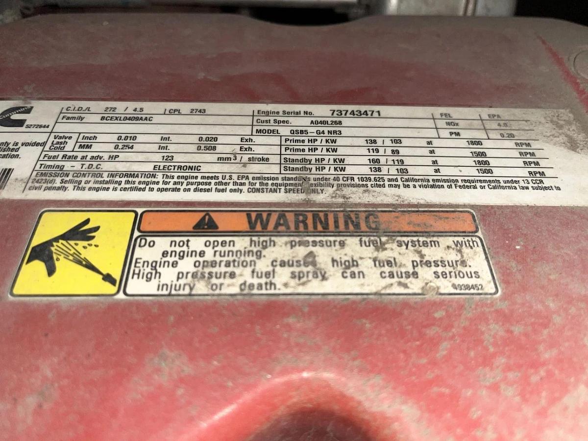 Used 100kw Cummins C100D6R Spec. D Mobile Diesel Generator - S/N: J140751121