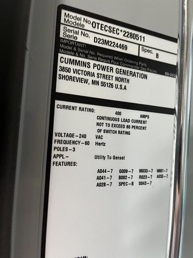 Used 400 Amp 240VAC Cummins OTECSEC Spec. B Automatic Transfer Switch S/N: D23M224469