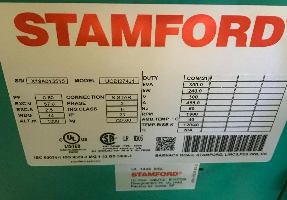 Used New 240kW Stamford Alternator UCDI274J1 208/380V | Cummins P/N: 0200-3237-47