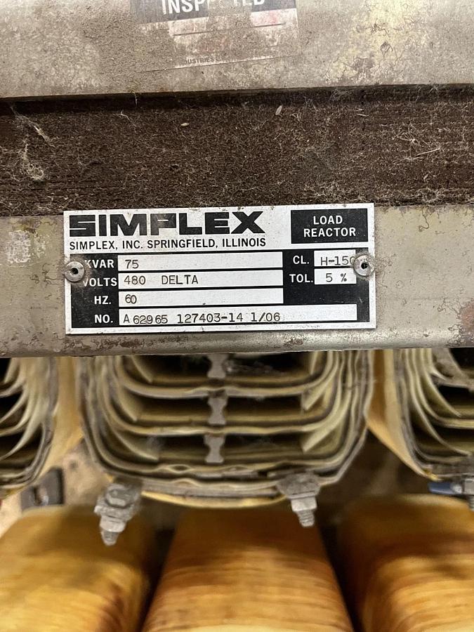 Used Simplex 75kvar 480V Load Reactor taken from 1575kVAR Reactive Load Bank