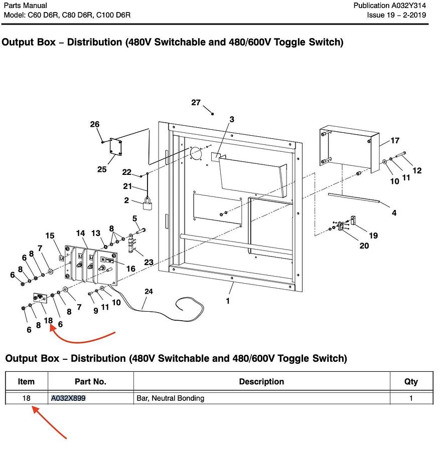 Used Neutral Bonding Bar Copper Busbar C60D6R C80D6R C100D6R | Cummins P/N: A032X899