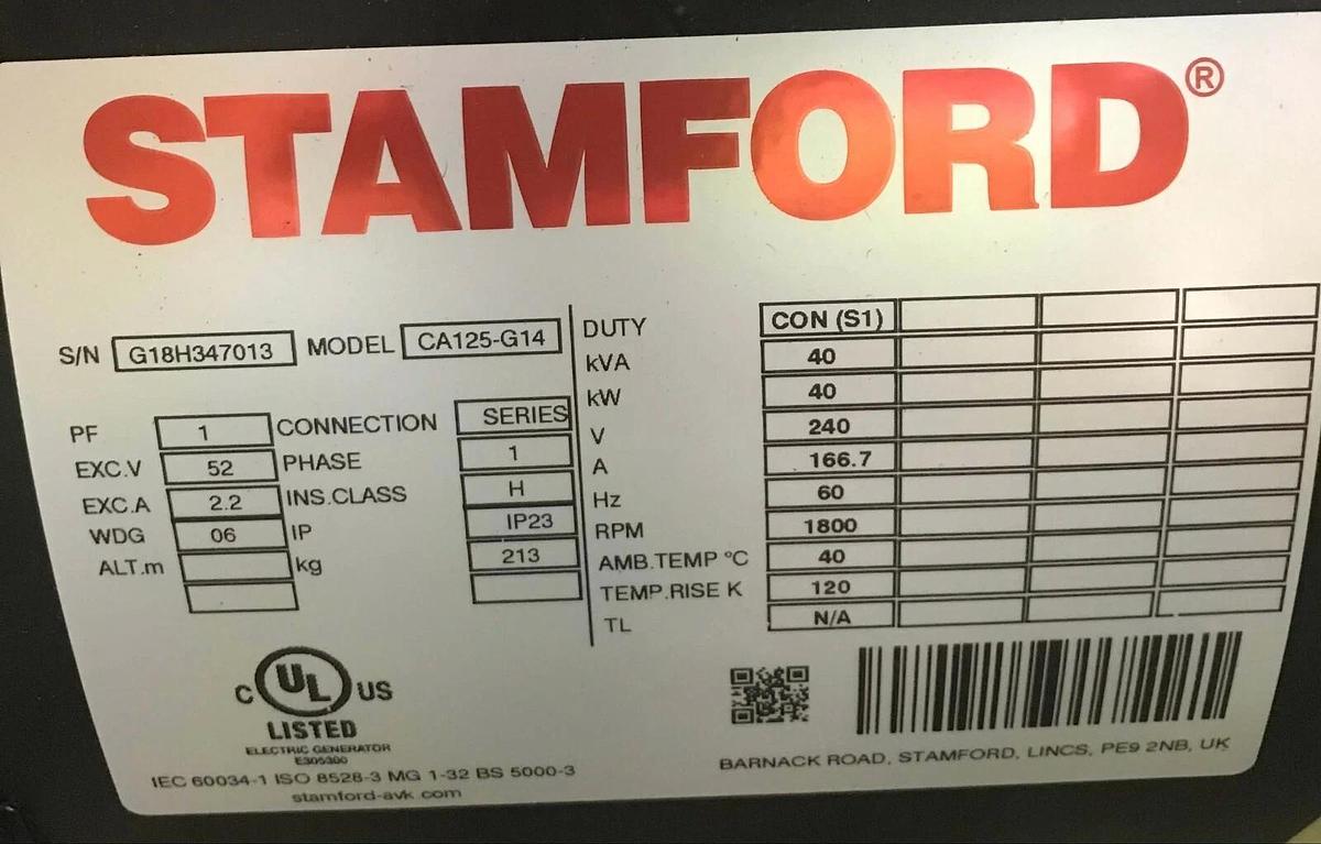 Used New 40kW Stamford Alternator CA125-G14 240V 1PH | P/N: A045L937 C35D6 C40D6