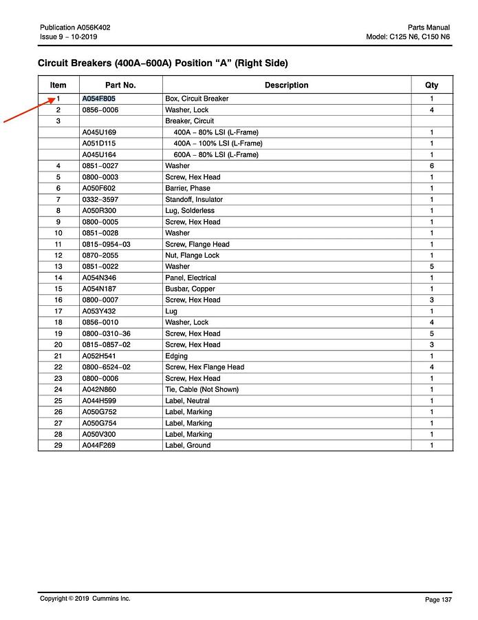 Used Cummins P/N: A054F805 Circuit Breaker Box | Made For: C125N6 C150N6 Generator