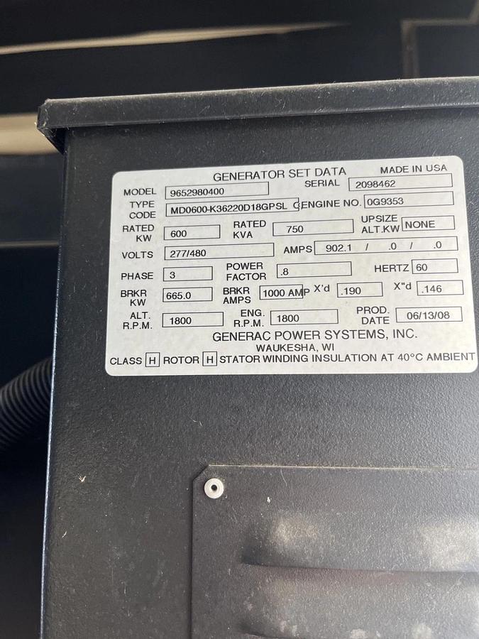 Used 600kw Generac MD600 Stationary Industrial Diesel Generator - S/N: 2098462
