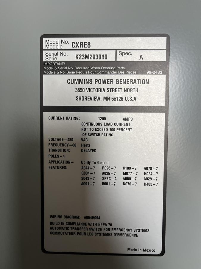 New 1200 Amp 480VAC Cummins CXRE8 Spec. A Automatic Transfer Switch - S/N: K23M293080