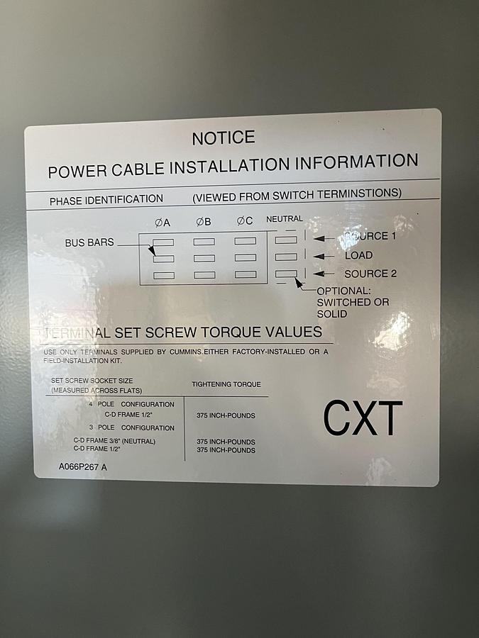 New 150A 208VAC Cummins CXTC8 Spec. A Automatic Transfer Switch - S/N: A23M204627