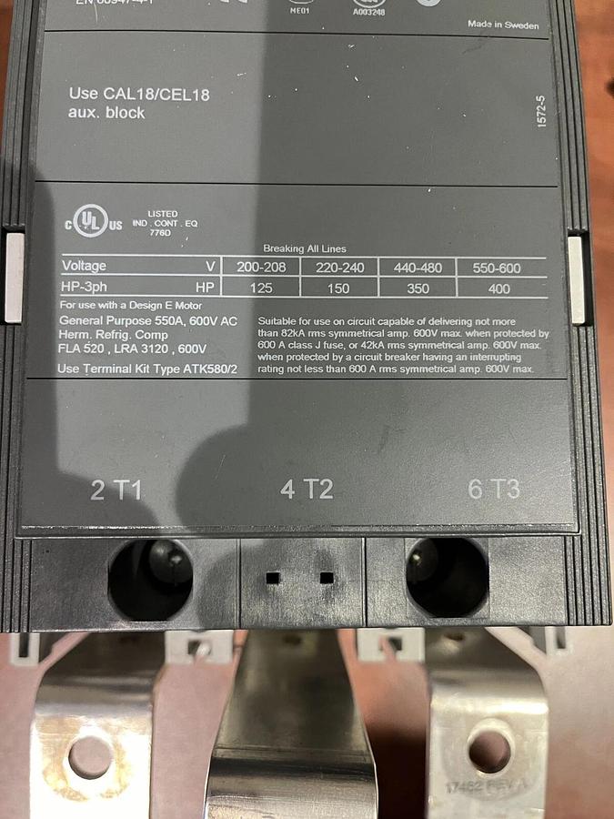 Used ABB AF400-30 Contactor - 550A 600 VAC - For Use with Design E Motor