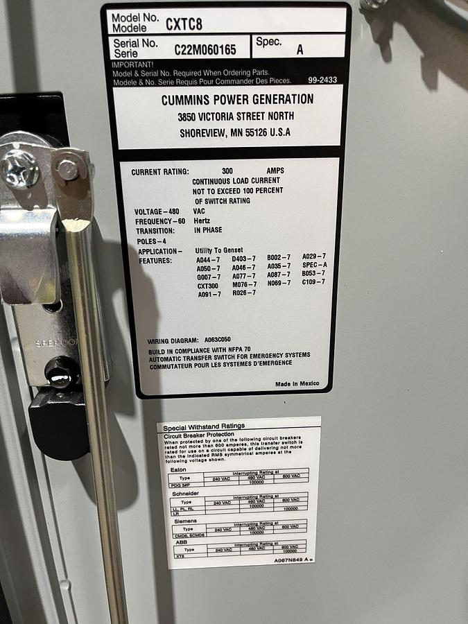 New 300 Amp 480VAC Cummins CXTC8 Spec. A Automatic Transfer Switch - S/N: C22M060165