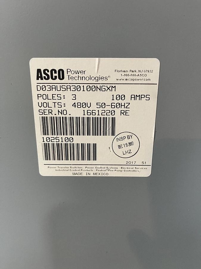 Used New ASCO 100 Amp 480V Automatic Transfer Switch - S/N: 1661220 RE