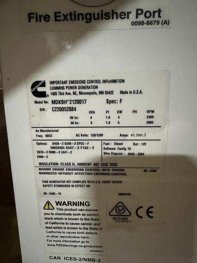 Used 5kw Cummins Marine Quiet Diesel Generator - 120V 60hz 1PH - P/N: MDKBH*2120017