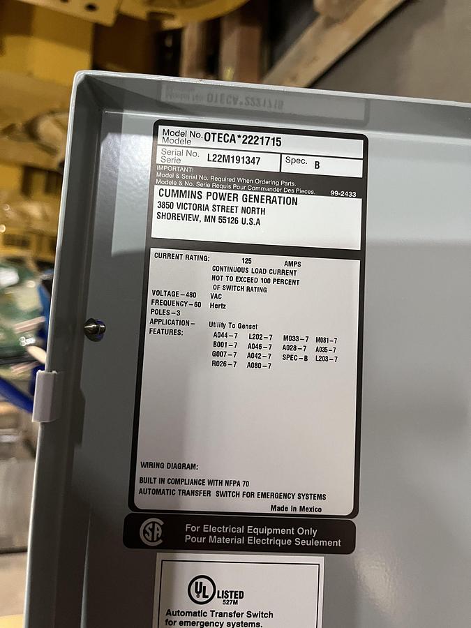 New 125A 480VAC Cummins OTECA Spec. B Automatic Transfer Switch