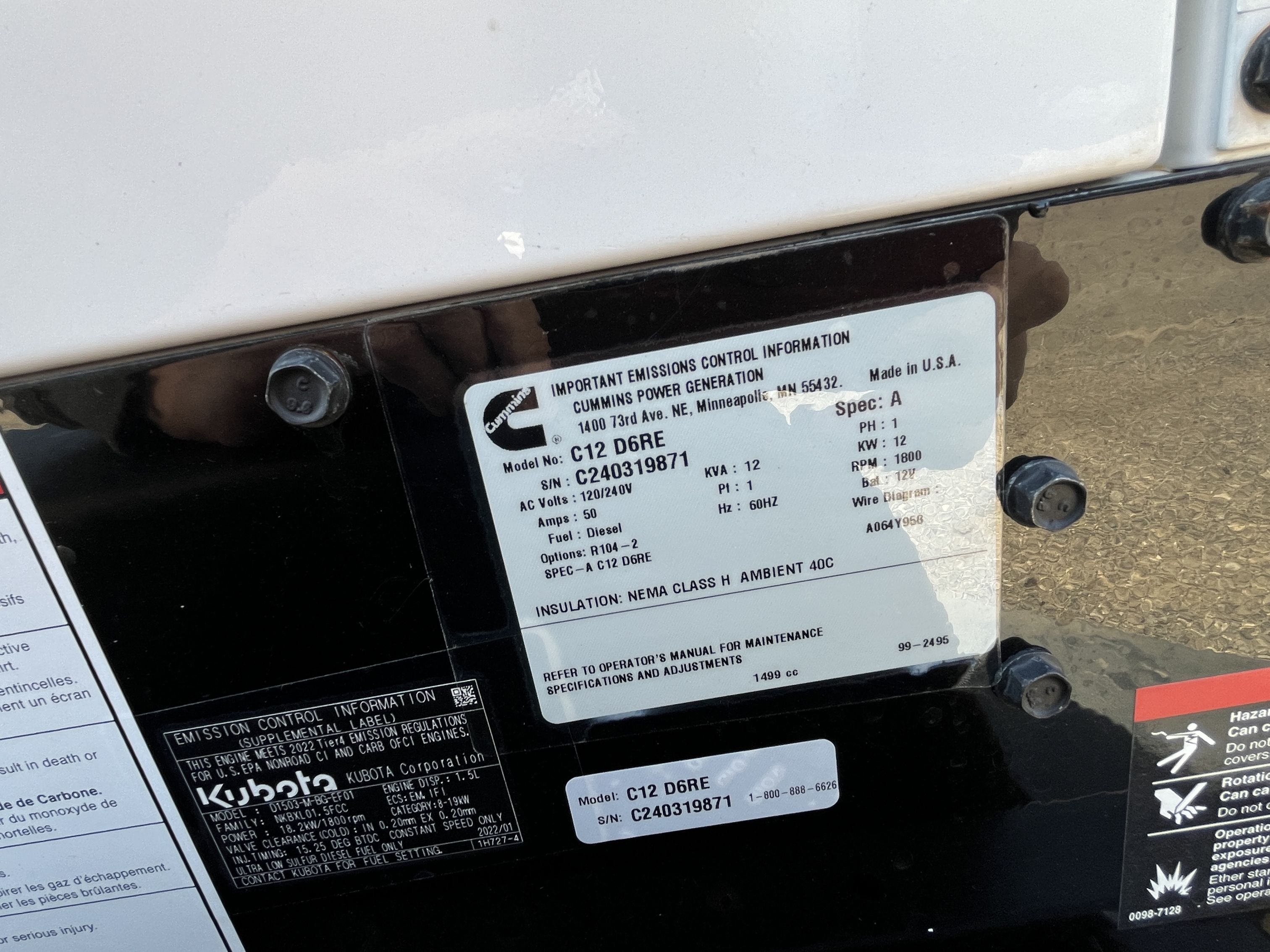 New 12kW Cummins C12 D6RE Mobile Diesel Generator - S/N: C240319871