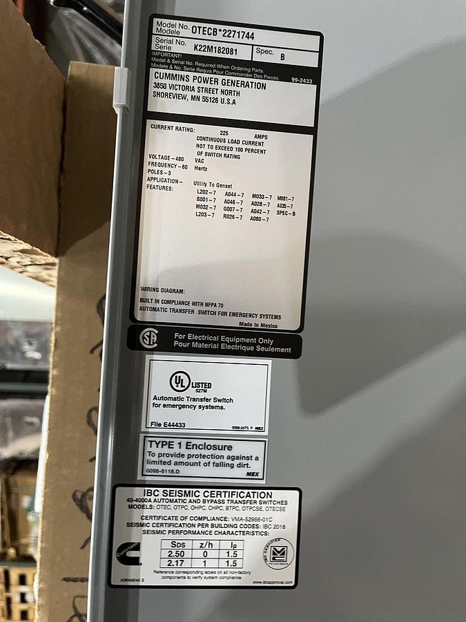 New 225A 480VAC Cummins OTECB Spec. B Automatic Transfer Switch