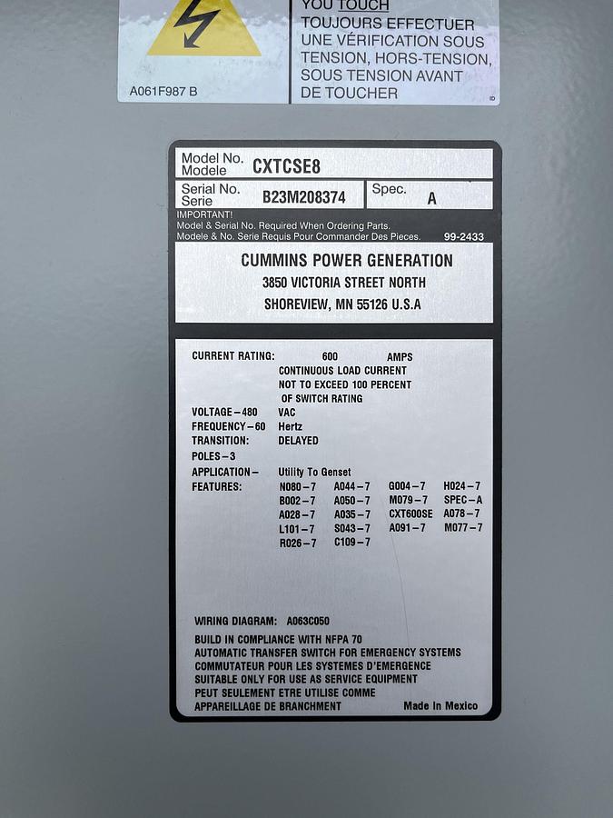 New 600 Amp 480VAC Cummins CXTCSE8 Spec. A Automatic Transfer Switch - S/N: B23M208374