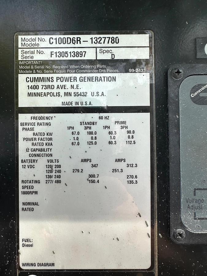 100kW Cummins C100D6R Mobile Diesel Generator - F130513897