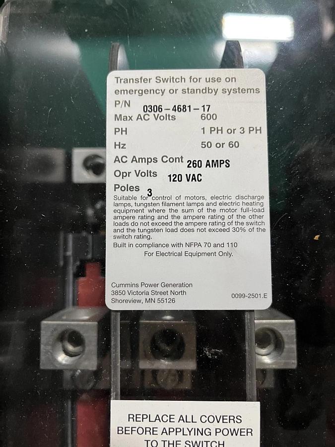 Used 260 Amp 240V 60Hz Cummins OHPCB Automatic Transfer Switch  S/N: C16M929736