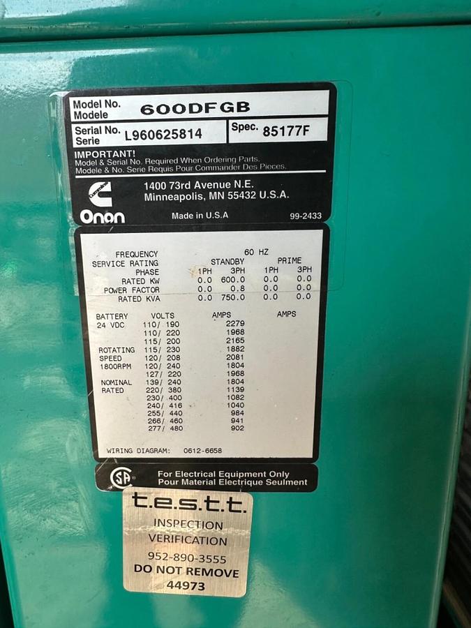 Used 600kW Cummins DFGB Stationary Diesel Generator - L960625814