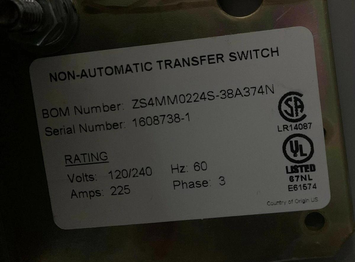 New 225 Amp Zenith Manual Transfer Switch 120/240V 3PH | ZTS2M