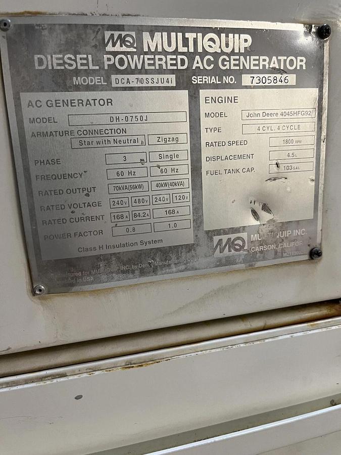 Used 70kva Multiquip DCA-70SSJU4i Mobile Diesel Generator- S/N: 7305846