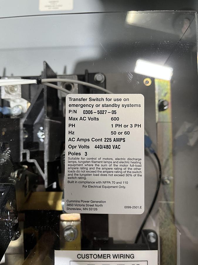 New 225A 480VAC Cummins OTECB Spec. B Automatic Transfer Switch