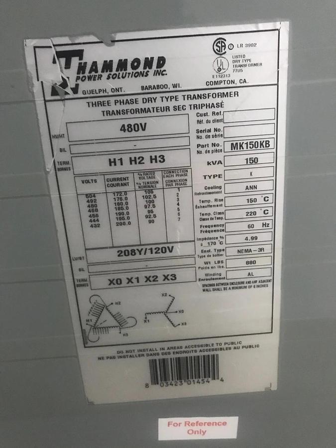 Used 150kvA Hammond Power Three Phase Dry Type Transformer w/ CAMS 480V | MK150KB