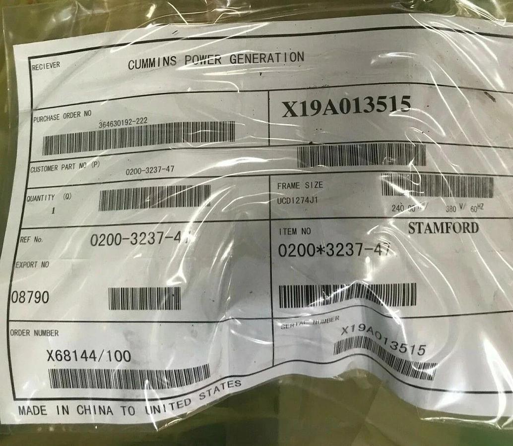Used New 240kW Stamford Alternator UCDI274J1 208/380V | Cummins P/N: 0200-3237-47