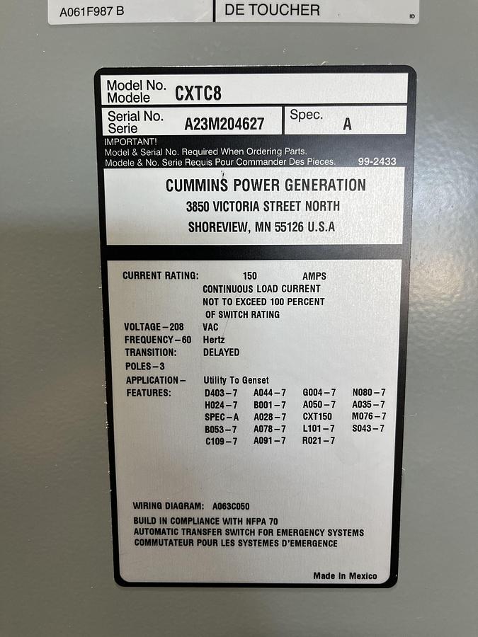 New 150A 208VAC Cummins CXTC8 Spec. A Automatic Transfer Switch - S/N: A23M204627