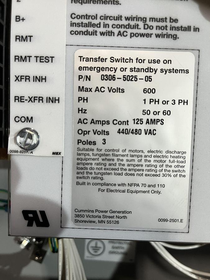 New 125A 480VAC Cummins OTECA Spec. B Automatic Transfer Switch